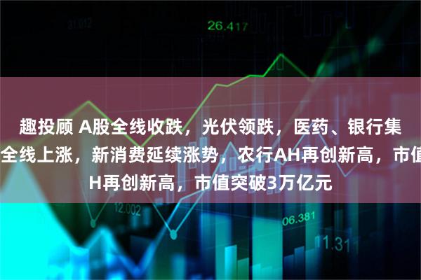 趣投顾 A股全线收跌，光伏领跌，医药、银行集体拉升，港股全线上涨，新消费延续涨势，农行AH再创新高，市值突破3万亿元